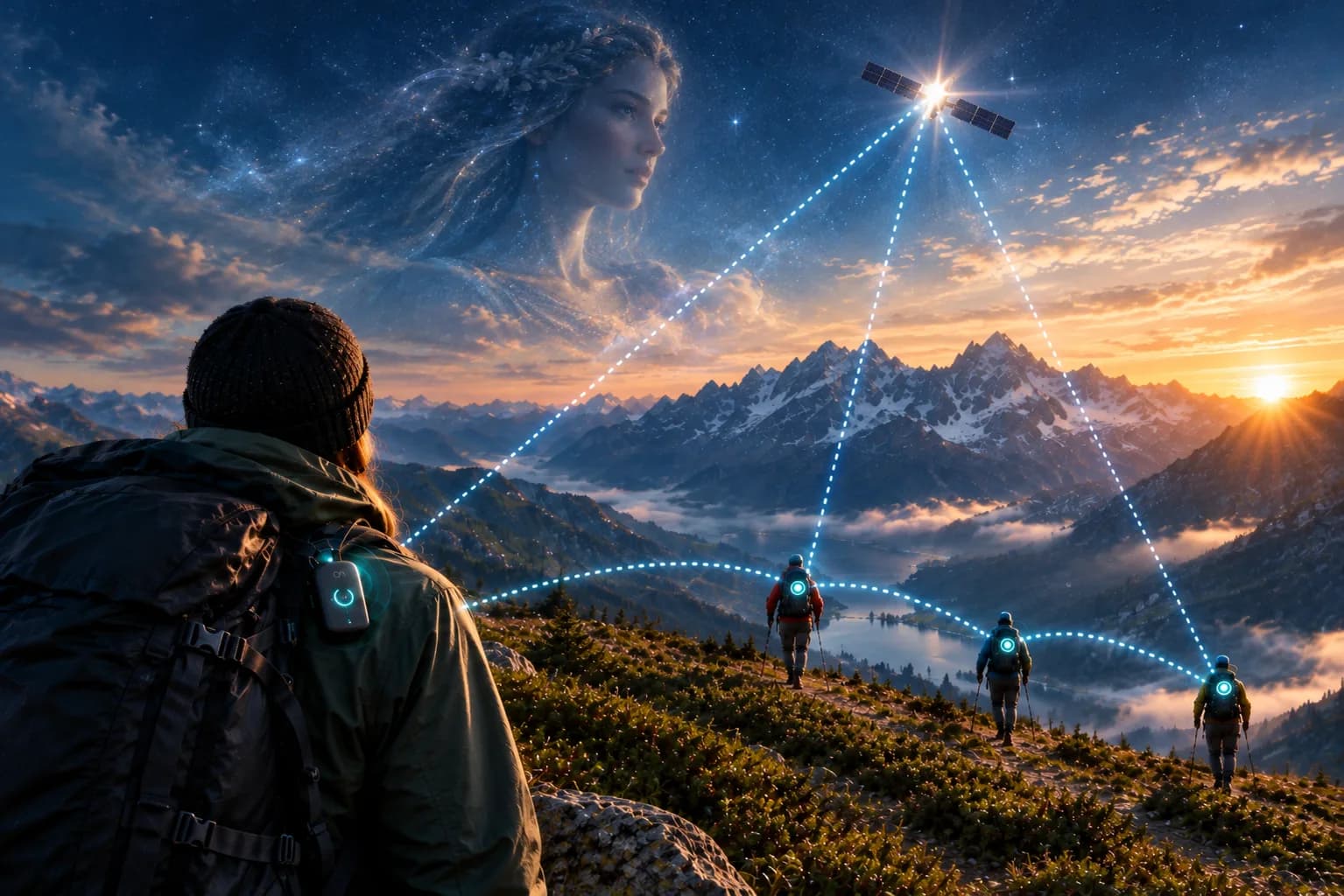 A hiker at dawn in the mountains, a Zorya beacon on their backpack, linked to other hikers by a mesh network and to a satellite, under the face of a star goddess drawn in the sky